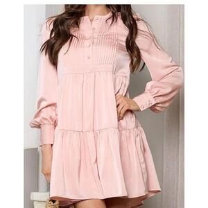Peach Lane Satin Ruffle Long Sleeve Ruffle Dress. Size Large. Pink. Lined